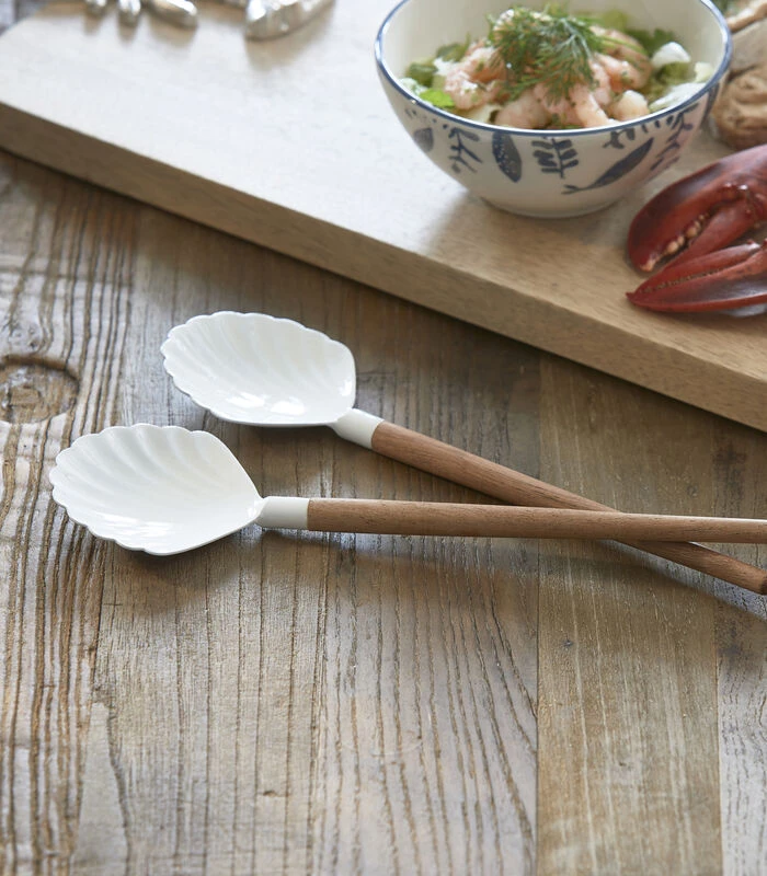 Saladebestek 2-Delig Opscheplepel Schelp - Beach Shell - Wit/ Bruin 2 Saladebestek 2-Delig Opscheplepel Schelp - Beach Shell - Wit/ Bruin - Afbeelding 2