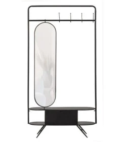 WOOOD Rink Kapstok Met Spiegel - Metaal - Zwart - 188x99x34